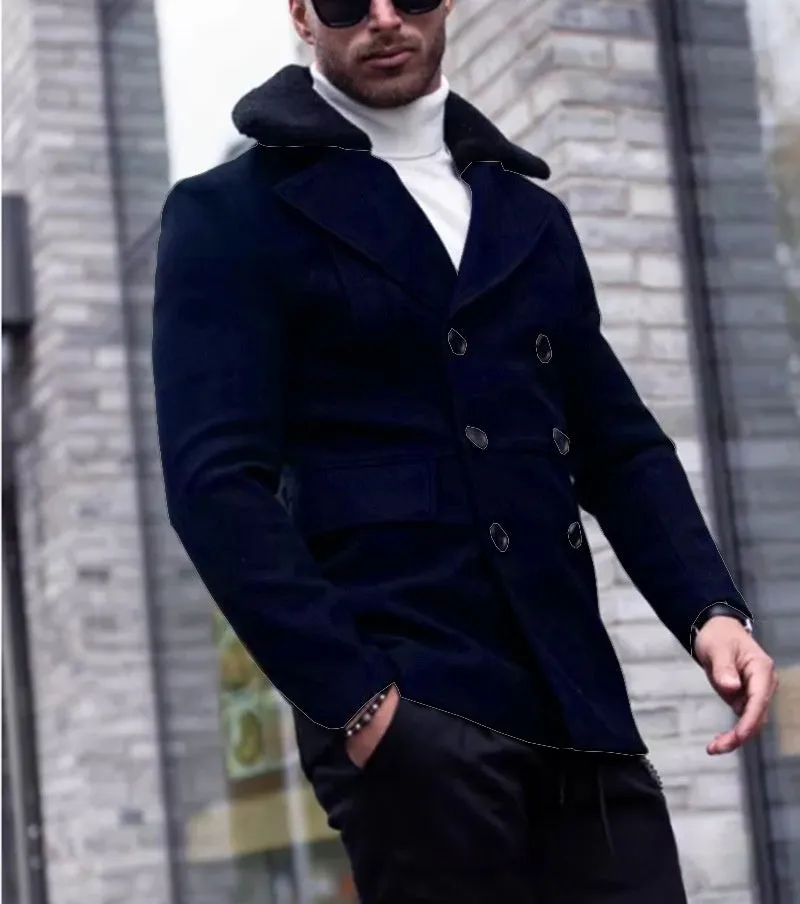Men's fur collar coat in woolen blend, British style, available in Black and Army Green