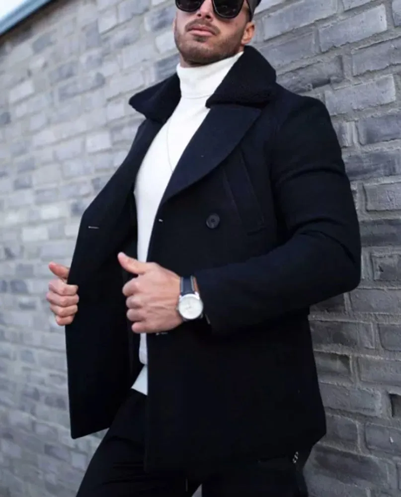 Men's fur collar coat in woolen blend, British style, available in Black and Army Green