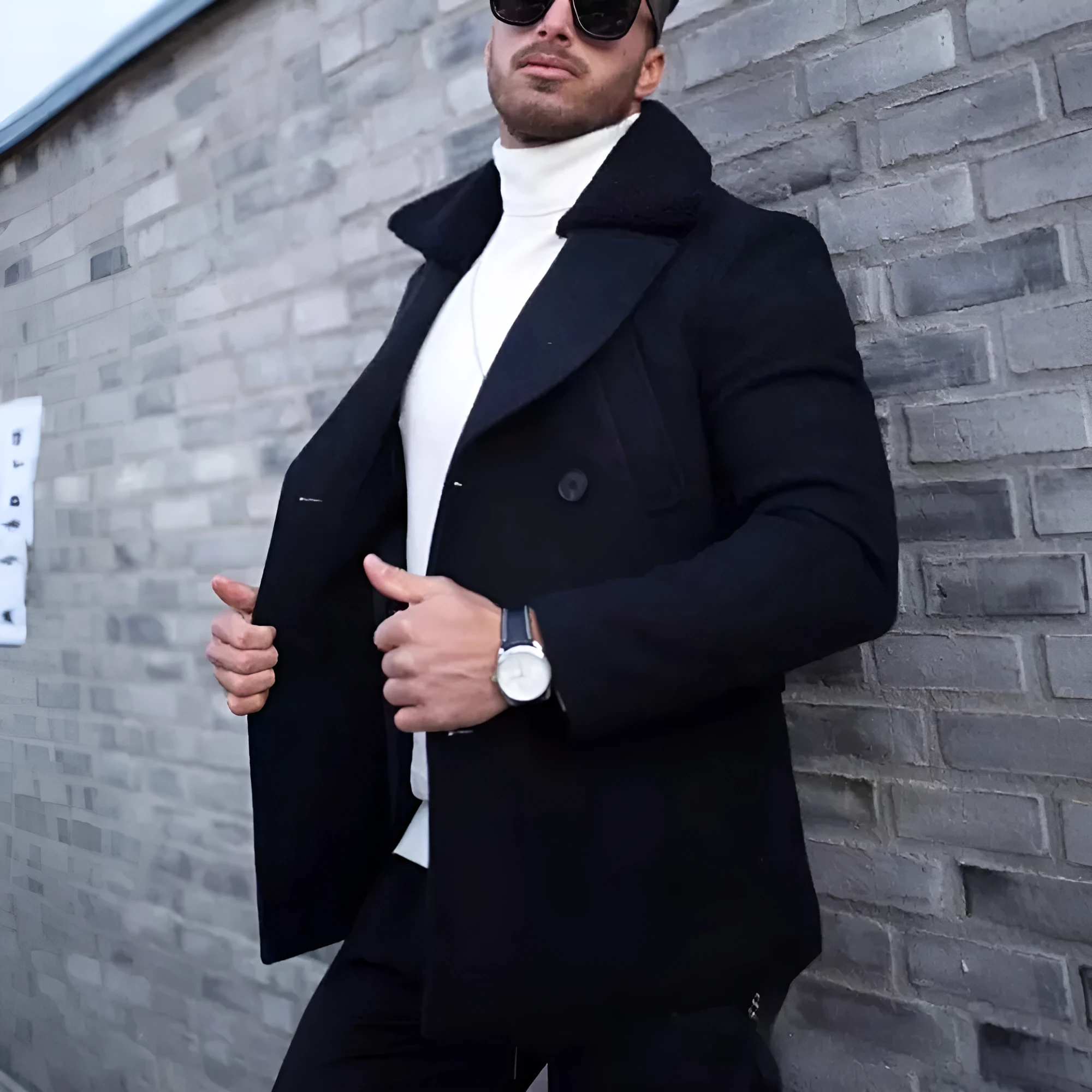 Men's fur collar coat in woolen blend, British style, available in Black and Army Green