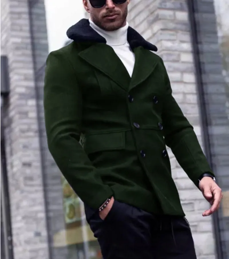 Men's fur collar coat in woolen blend, British style, available in Black and Army Green