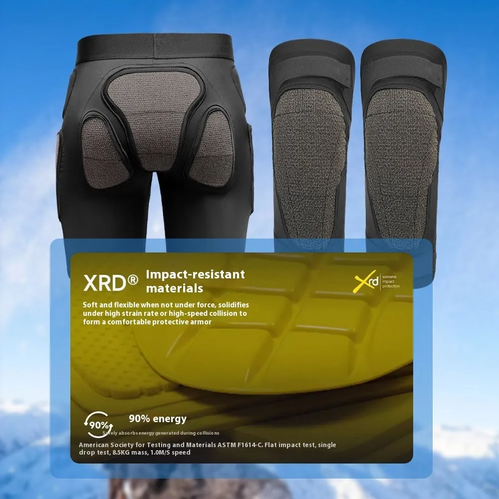 X-ray diffraction skiing protective hip pads and knee pads laid flat, showing slim design.