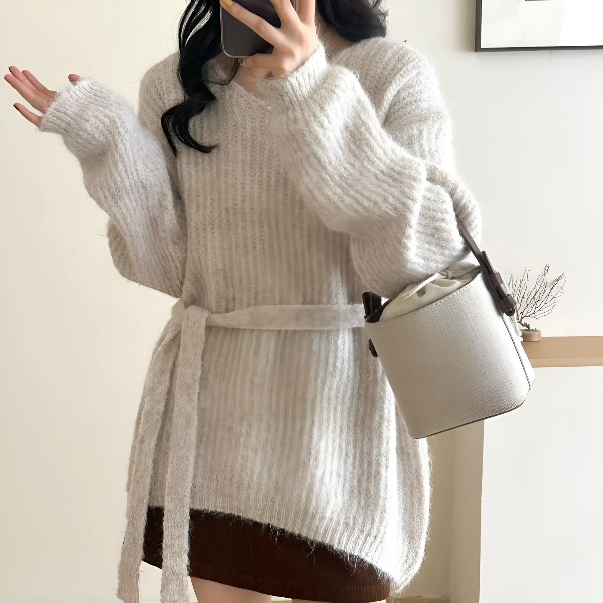 V-neck halter ribbon loose lazy style mid-length sweater in polyester for women