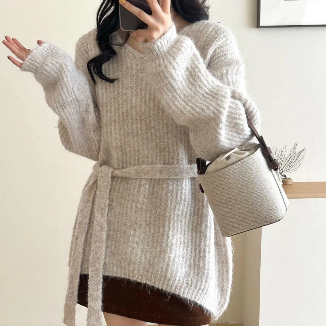 V-neck halter ribbon loose lazy style mid-length sweater in polyester for women