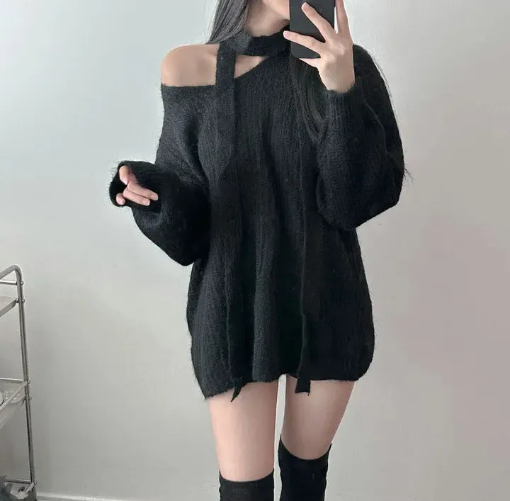 V-neck halter ribbon loose lazy style mid-length sweater in polyester for women