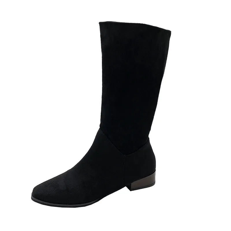 Women's pointed toe retro suede over-the-knee boots with low thick heel in black colour
