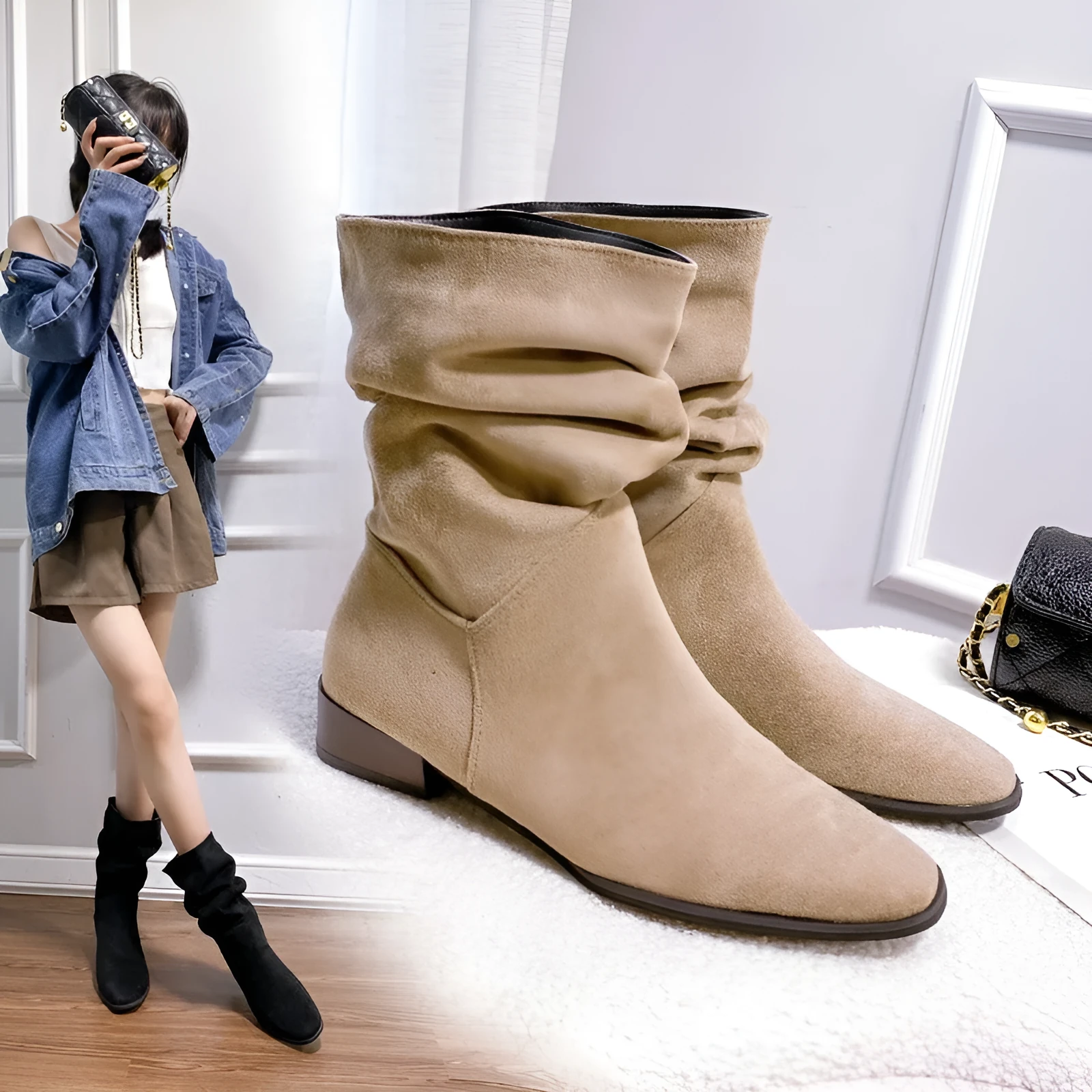 Women's pointed toe retro suede over-the-knee boots with low thick heel in black colour