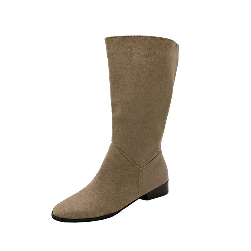 Women's pointed toe retro suede over-the-knee boots with low thick heel in black colour