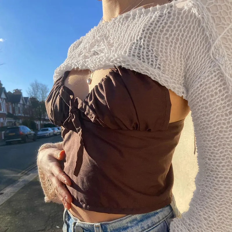 White knitwear bell sleeve loose round neck hollow out sweater for women, pullover style