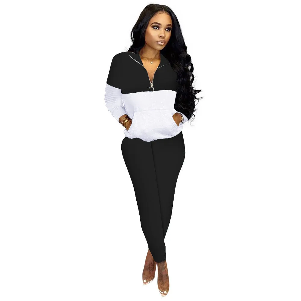 Women's casual solid colour stitching two-piece set with long-sleeved top and trousers