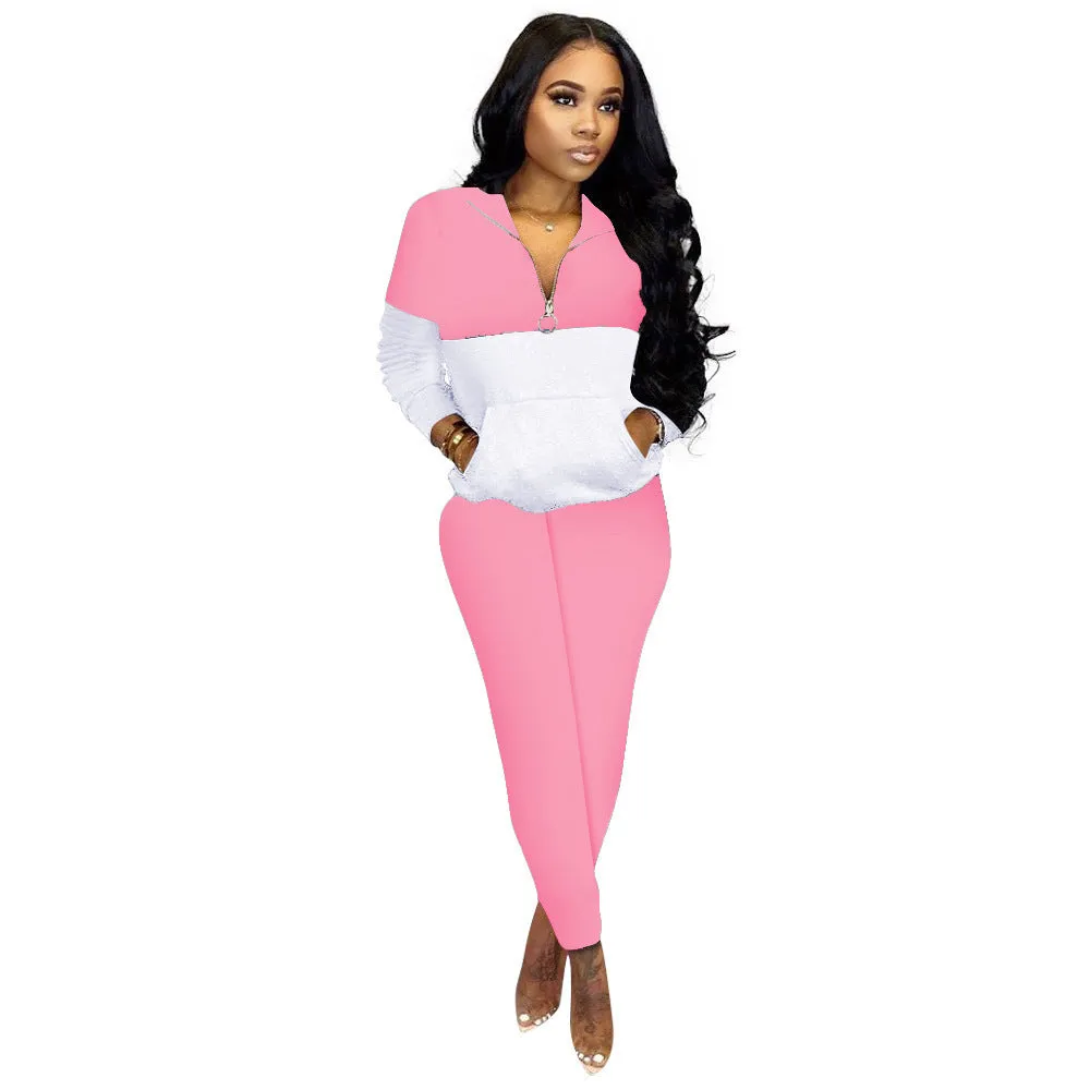 Women's casual solid colour stitching two-piece set with long-sleeved top and trousers