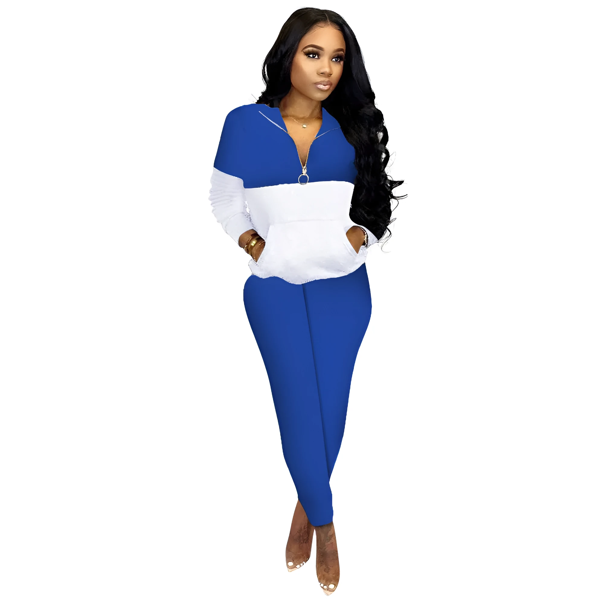 Women's casual solid colour stitching two-piece set with long-sleeved top and trousers