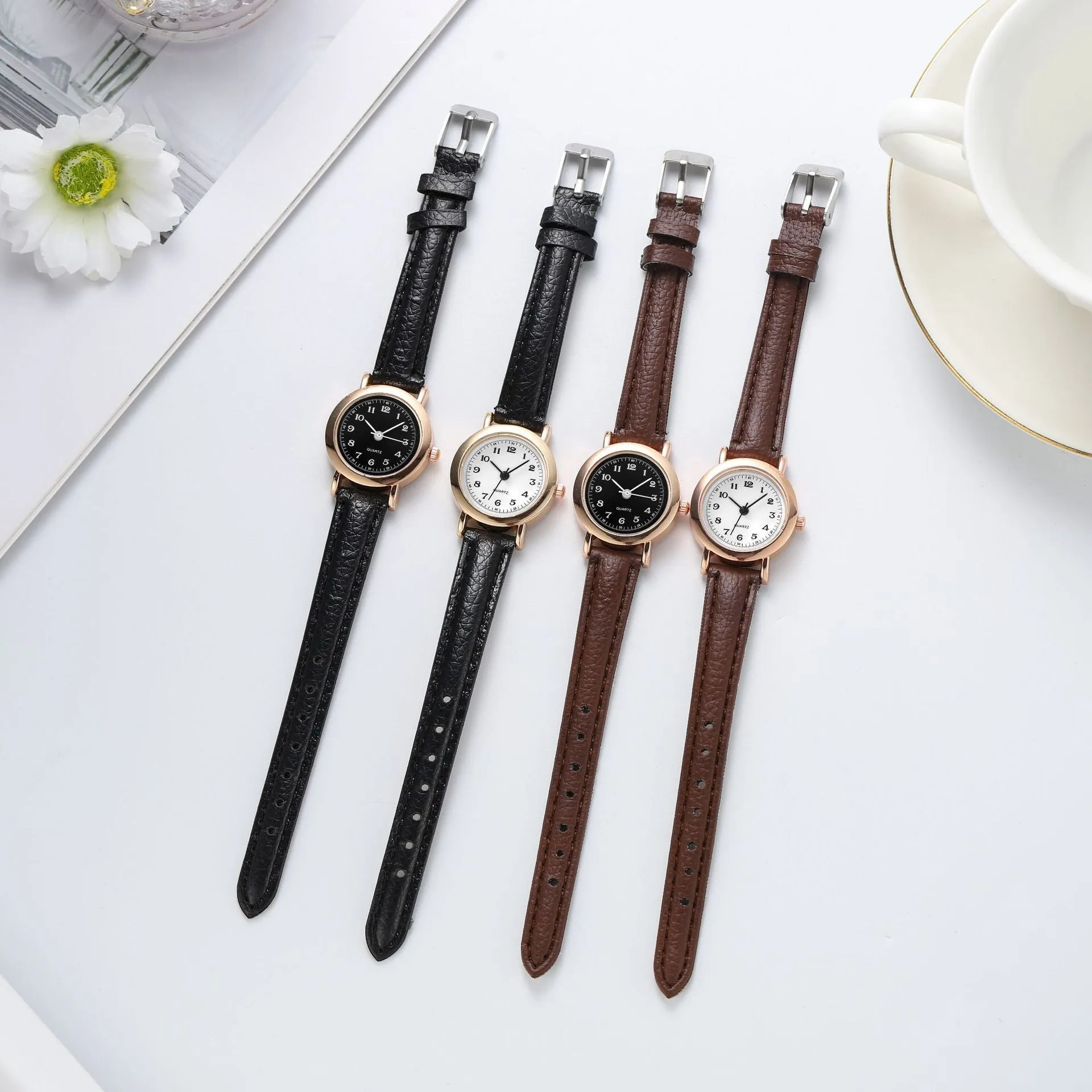 Retro Korean style cute literary couple watch with 26mm round dial, thin imitation leather strap, and spiral crown