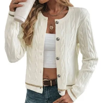 Women's champagne round neck twisted knitted sweater coat cardigan with long sleeves, on a plain background