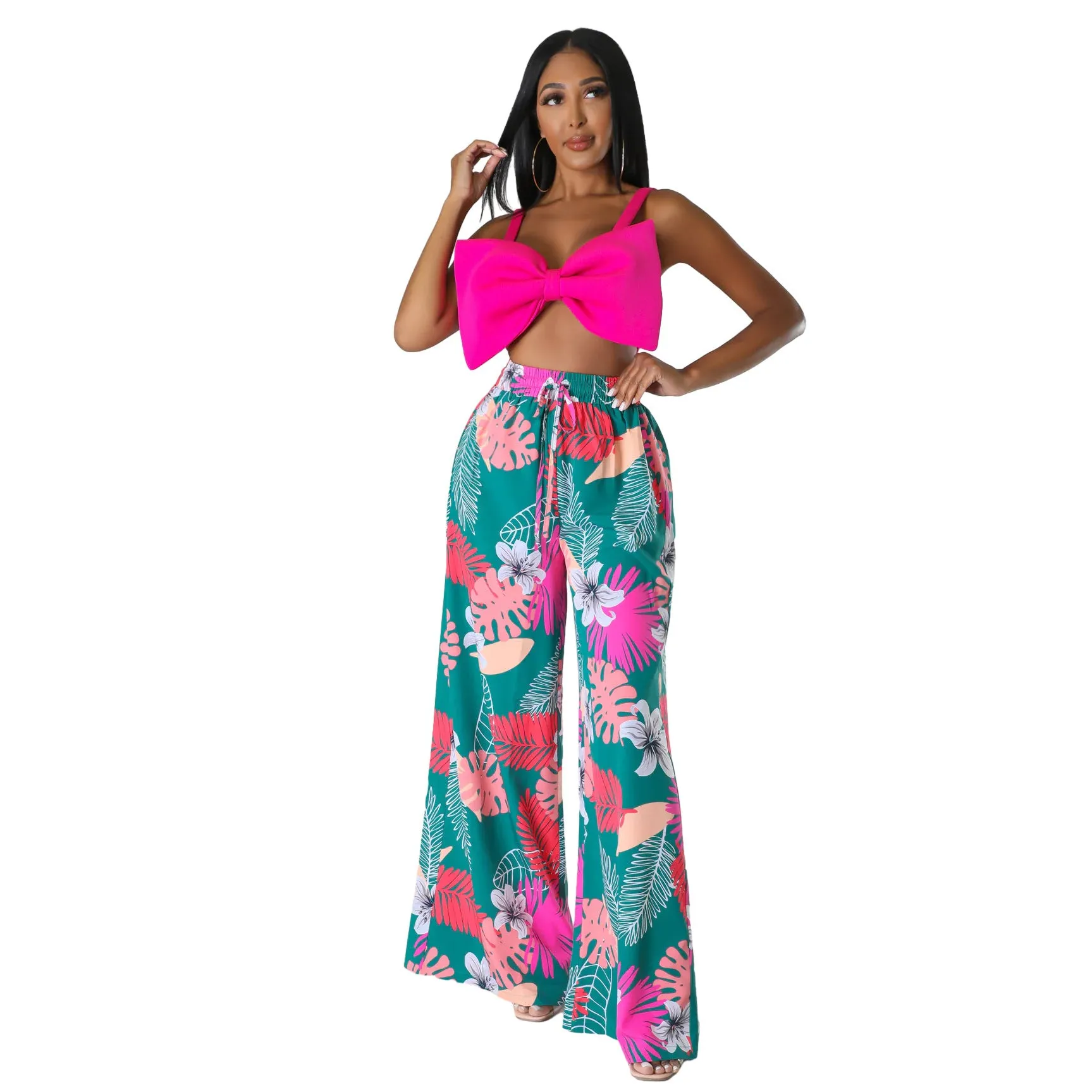 Women's high waist printed wide leg trousers in polyester fiber available in multiple colours