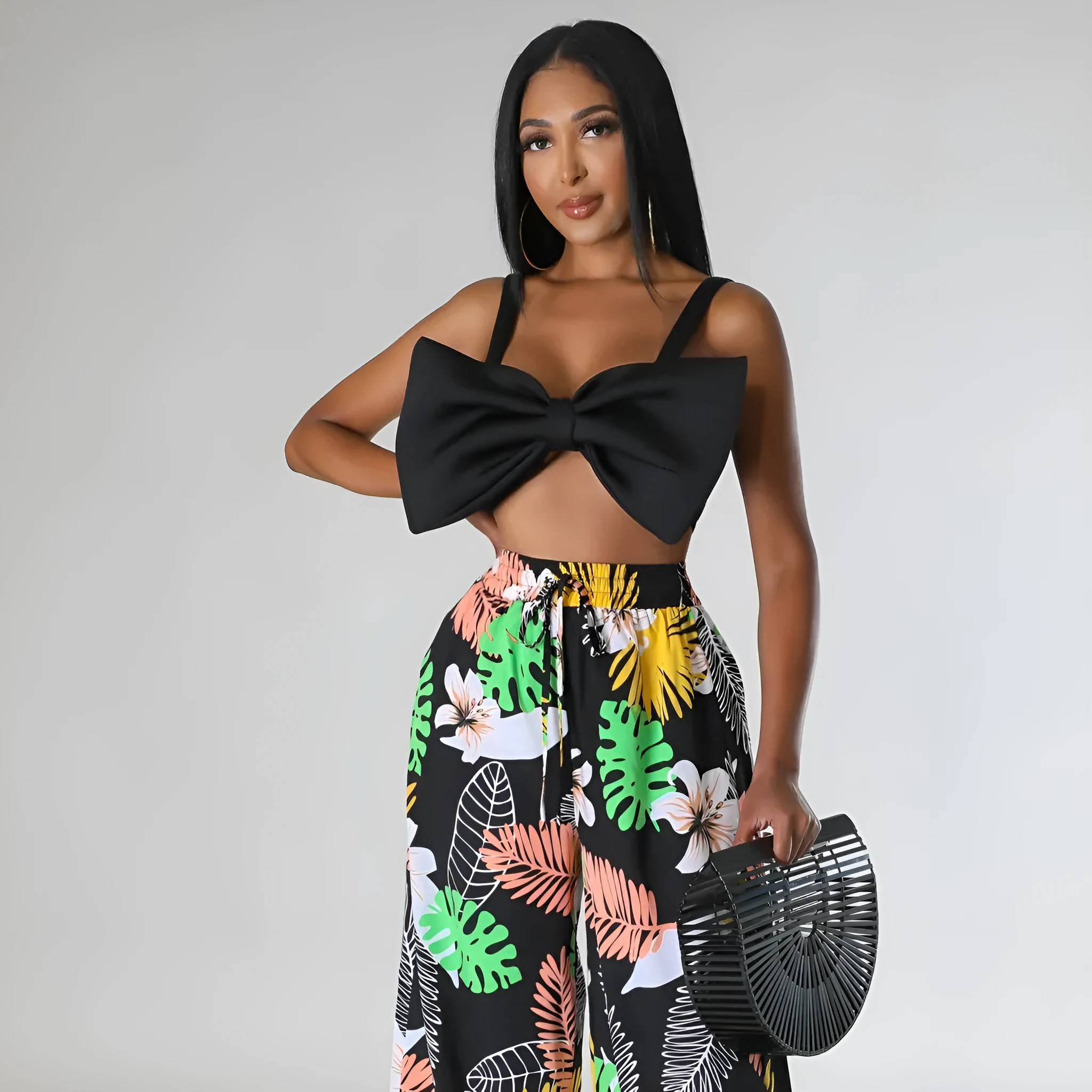 Women's high waist printed wide leg trousers in polyester fiber available in multiple colours