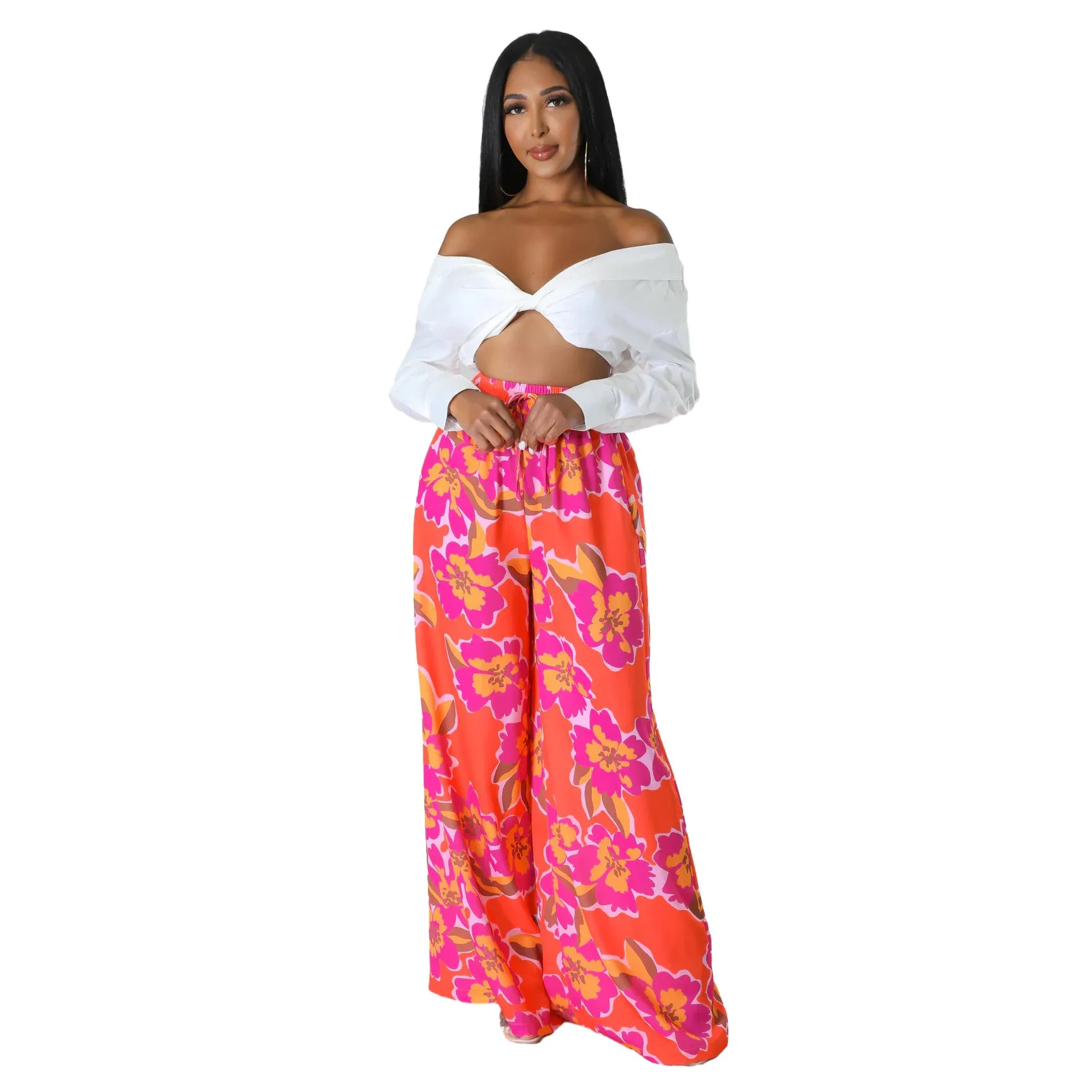 Women's high waist printed wide leg trousers in polyester fiber available in multiple colours