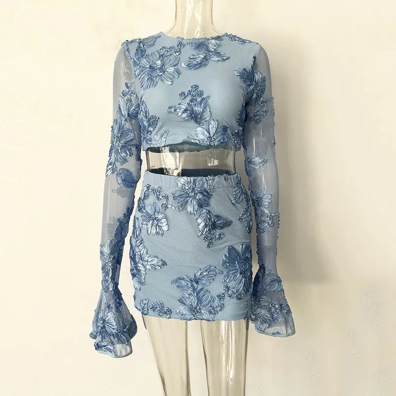 Ladies embroidered flower backless T-shirt skirt suit in apricot, blue, and rose red with long bell sleeves