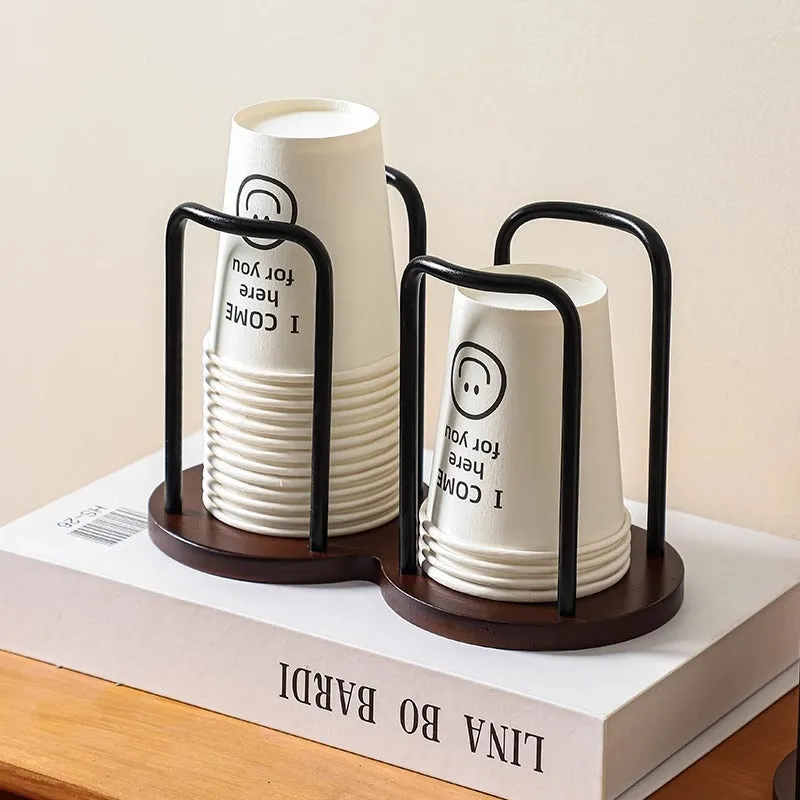 Wooden cup holder with cup puller in black colour showing two cup positions