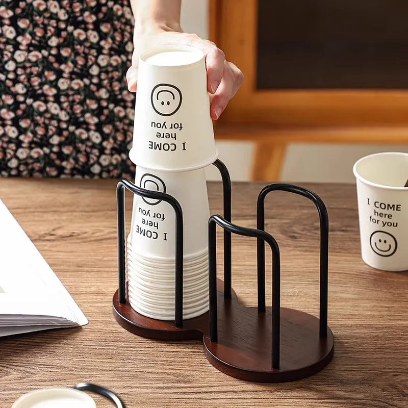 Wooden cup holder with cup puller in black colour showing two cup positions