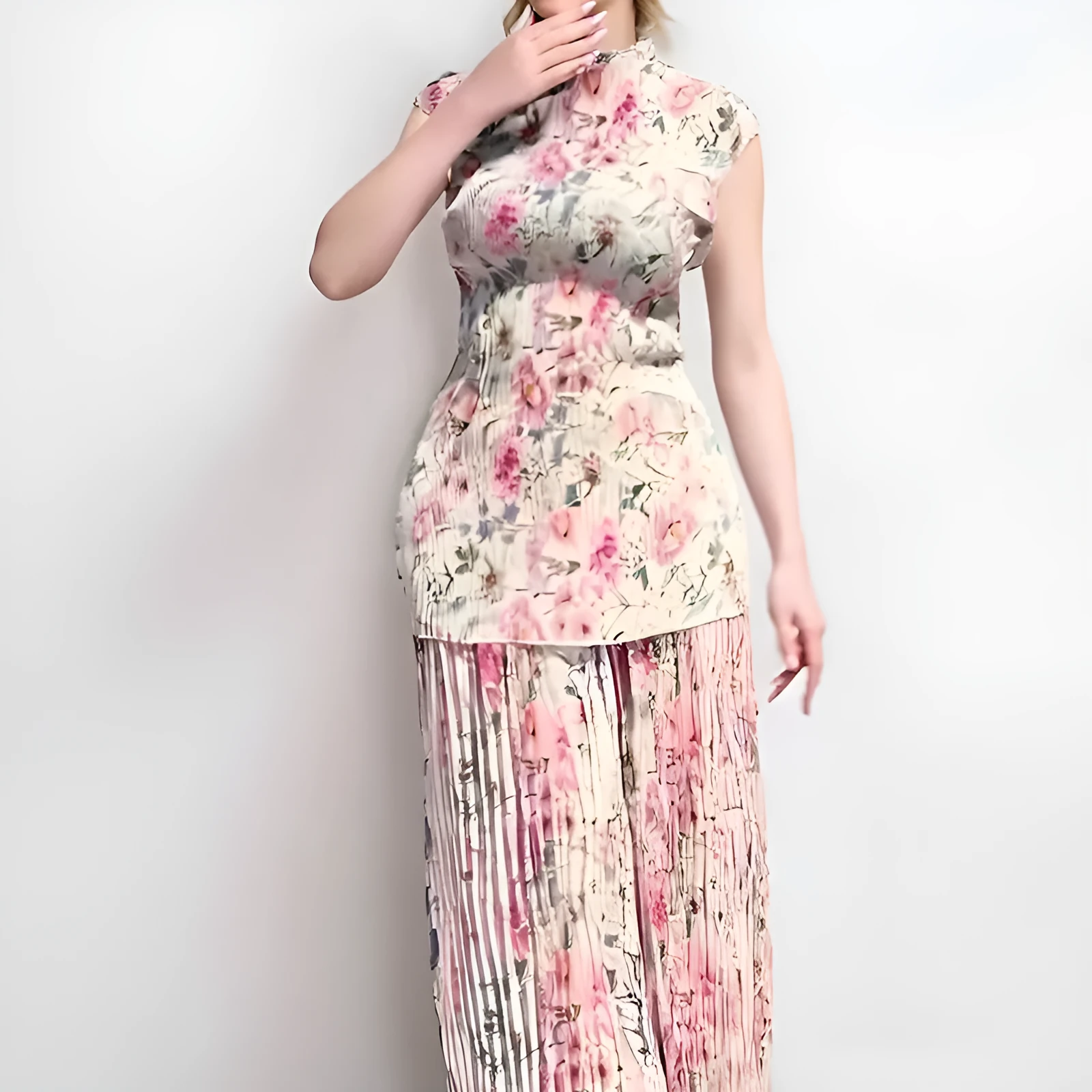 Long sleeve printed chiffon dress and matching top co-ordinate set in picture colour