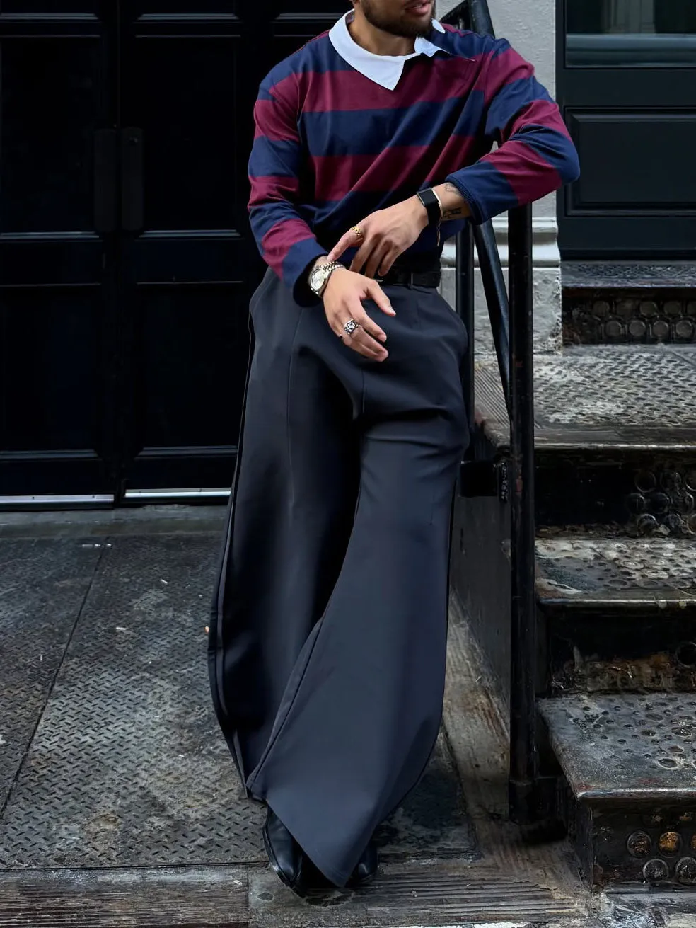 Grey scimitar wide-leg casual polyester pants for women, full-length regular fit