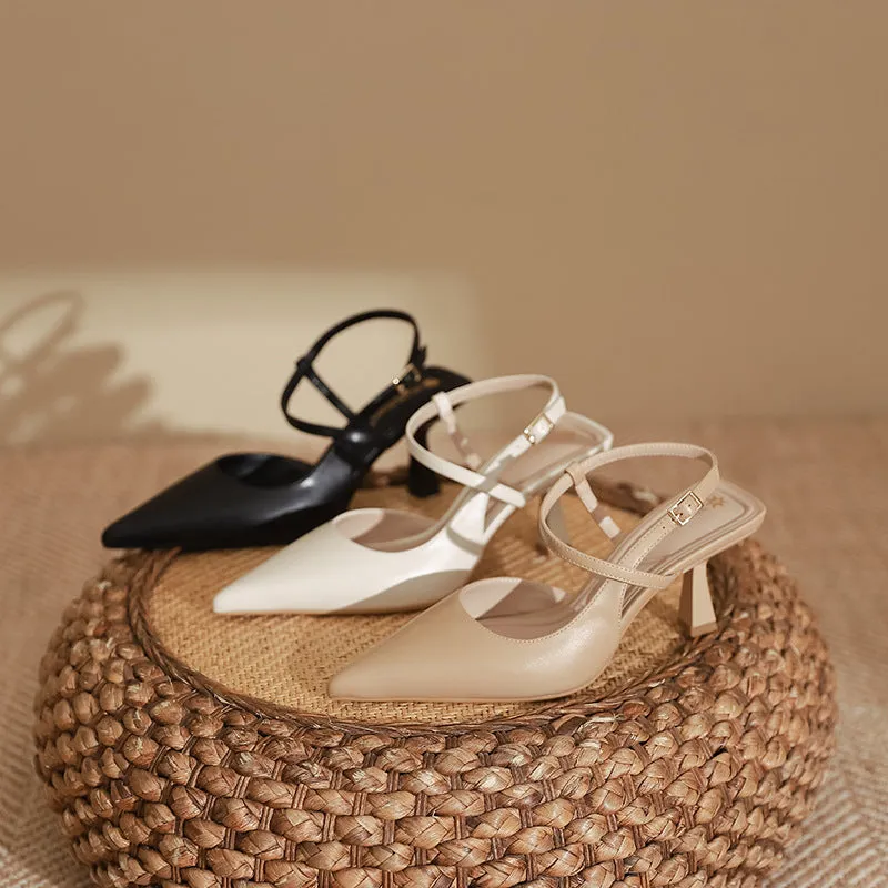 Spring women's pointed stiletto pump sandals in solid colour with rubber sole and imitation sheepskin lining, shown in apricot