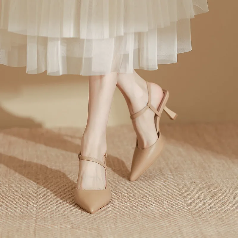 Spring women's pointed stiletto pump sandals in solid colour with rubber sole and imitation sheepskin lining, shown in apricot