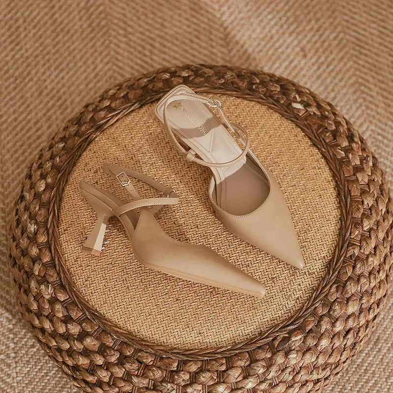 Spring women's pointed stiletto pump sandals in solid colour with rubber sole and imitation sheepskin lining, shown in apricot