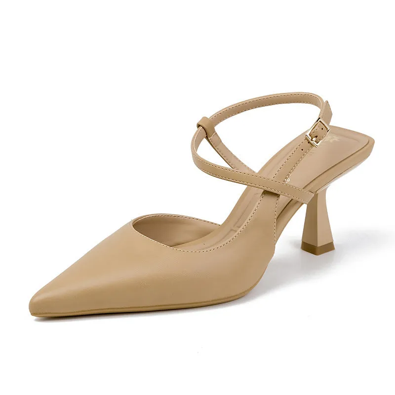 Spring women's pointed stiletto pump sandals in solid colour with rubber sole and imitation sheepskin lining, shown in apricot
