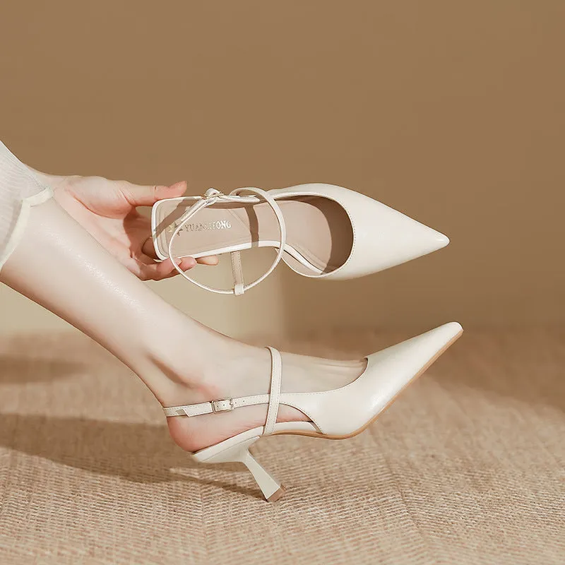 Spring women's pointed stiletto pump sandals in solid colour with rubber sole and imitation sheepskin lining, shown in apricot
