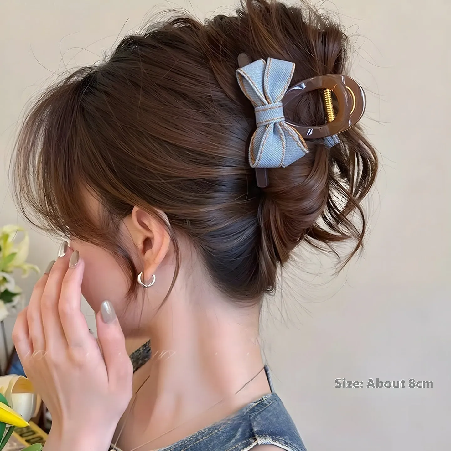 Blue denim bow barrette with cloth bow and metal clip on women back head hair