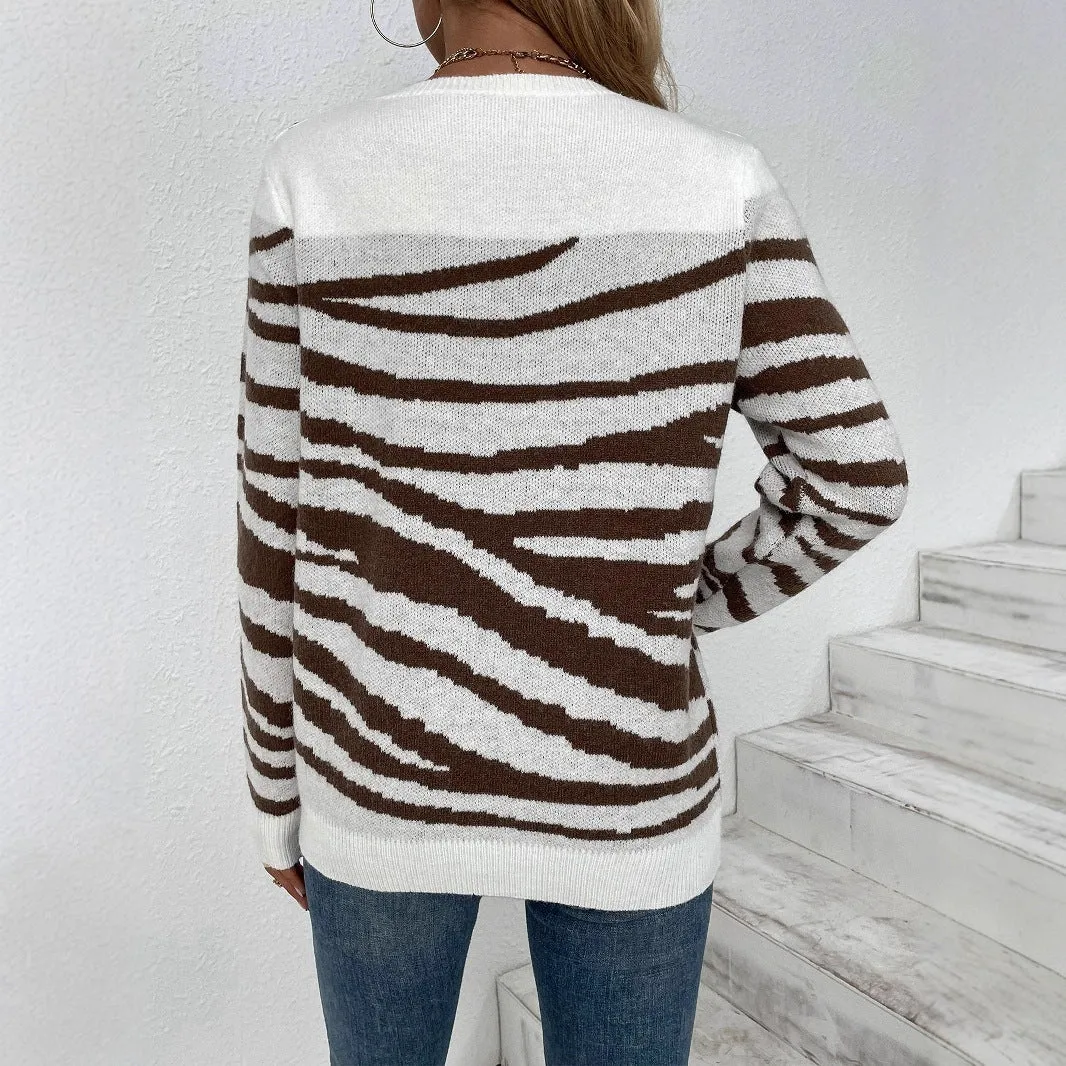 Zebra print round neck long sleeve sweater in acrylic knit, loose fit pullover, black and white colour