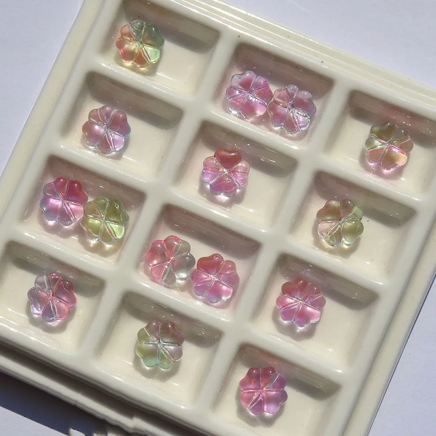 20 gradient colour 10mm crystal glass beads with four-leaf clover water droplet pattern and iridescent electroplated finish