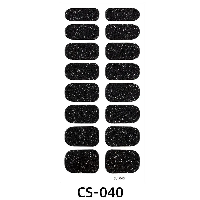 Assorted nail sticker designs including cartoon, love heart, and starry sky patterns on bare clip-on nails with a nail file