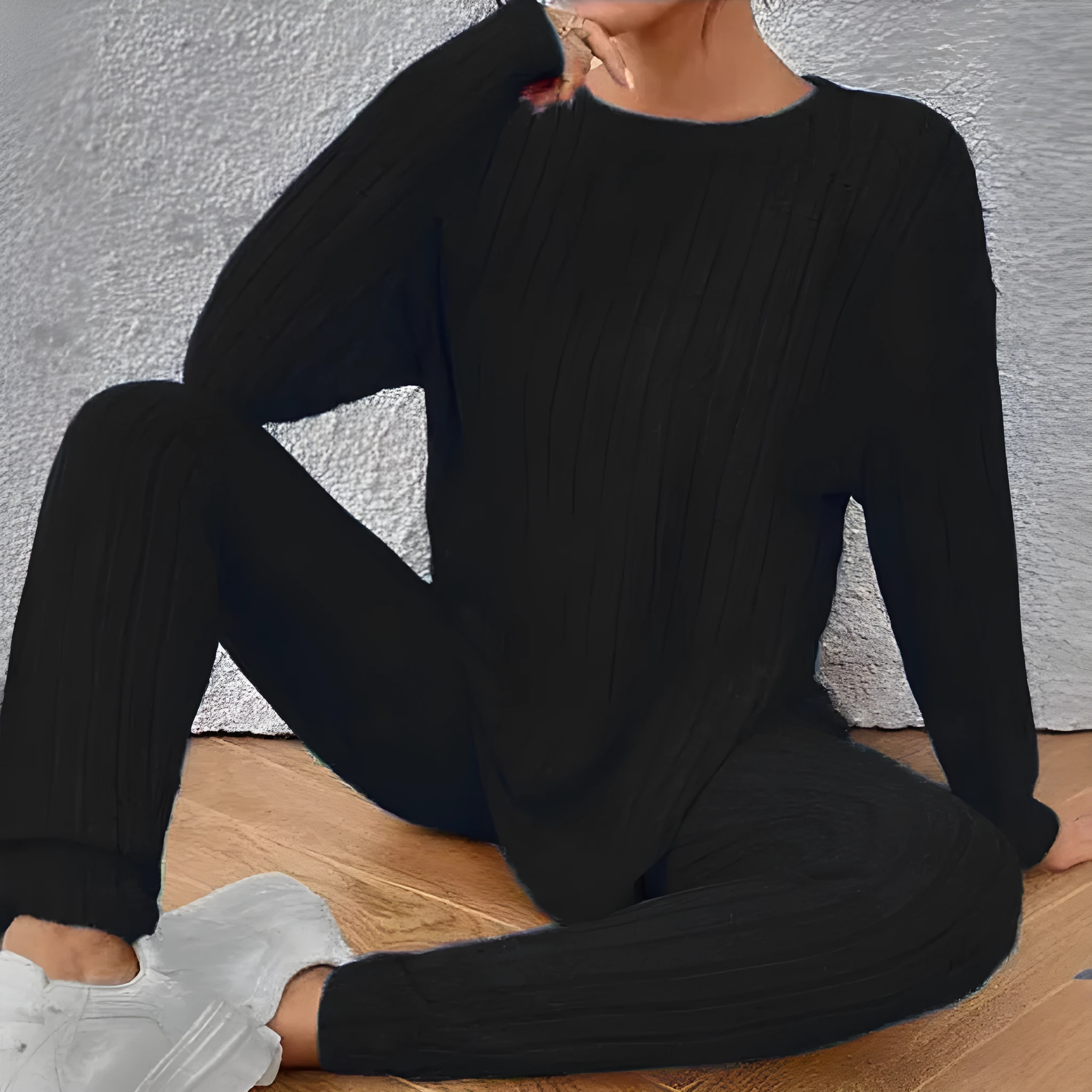 Women's black sunken stripe polyester two-piece homewear set with short-sleeve top and trousers