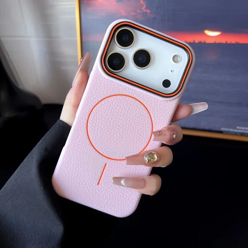 Magnetic ring TPU phone case with embossed lychee pattern in black for iPhone series