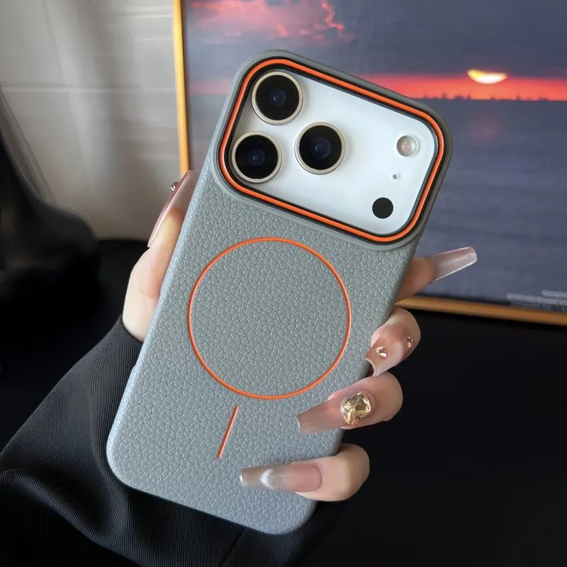 Magnetic ring TPU phone case with embossed lychee pattern in black for iPhone series