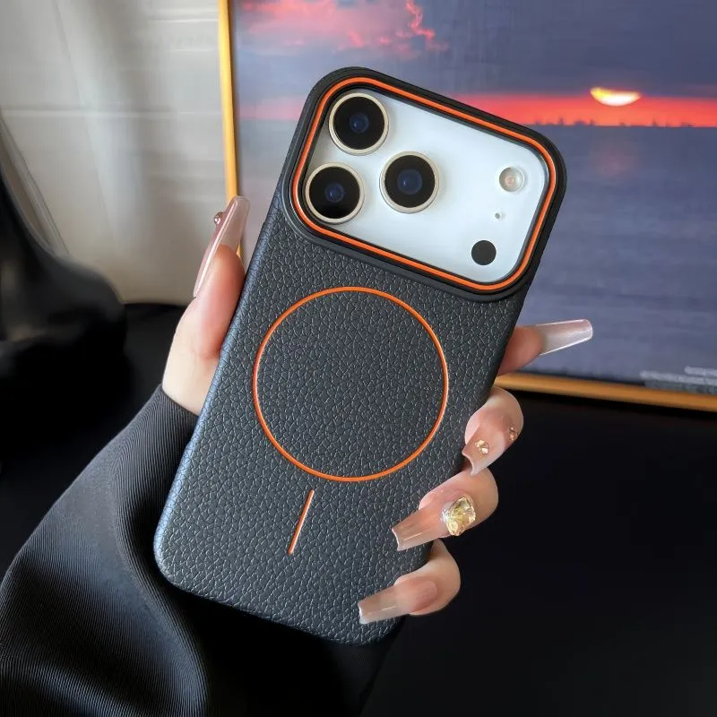 Magnetic ring TPU phone case with embossed lychee pattern in black for iPhone series
