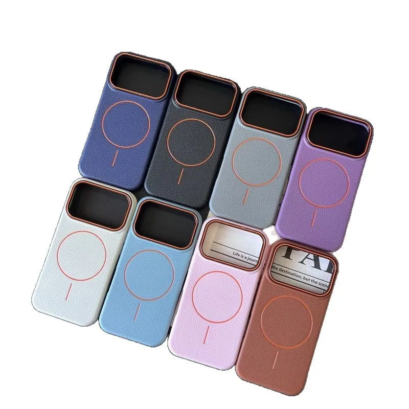 Magnetic ring TPU phone case with embossed lychee pattern in black for iPhone series