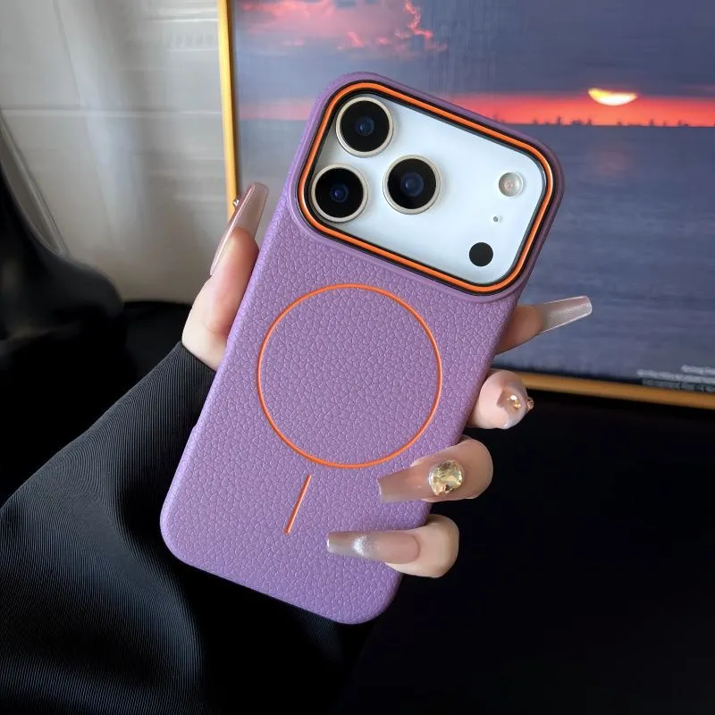 Magnetic ring TPU phone case with embossed lychee pattern in black for iPhone series