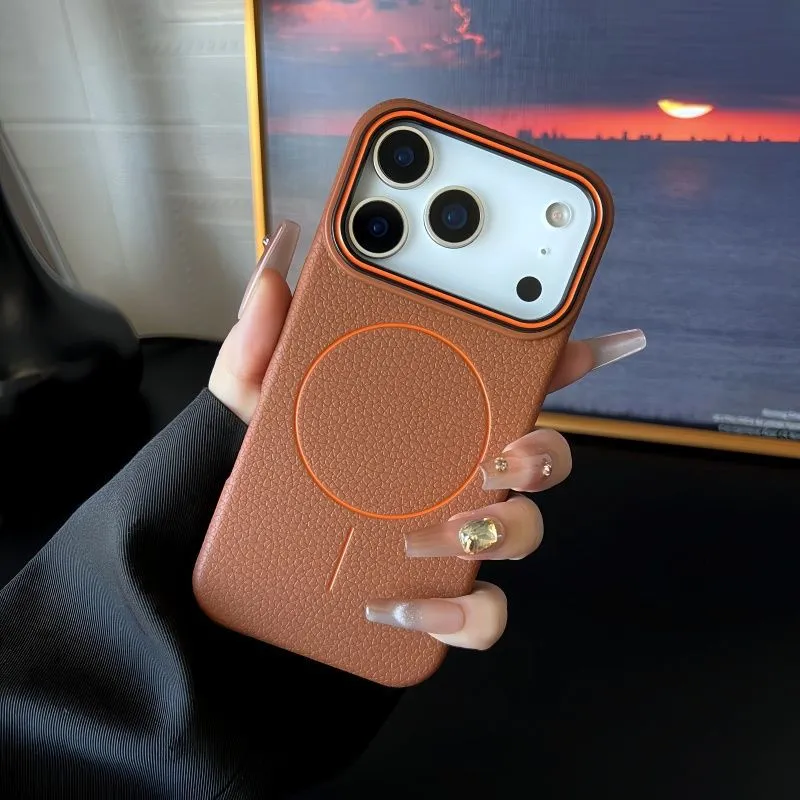 Magnetic ring TPU phone case with embossed lychee pattern in black for iPhone series