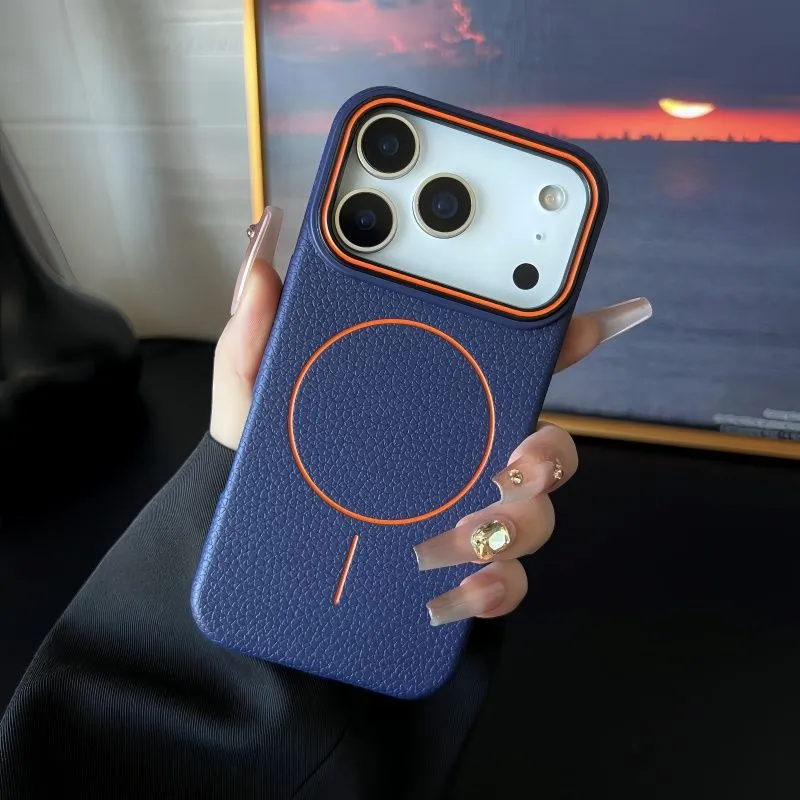 Magnetic ring TPU phone case with embossed lychee pattern in black for iPhone series