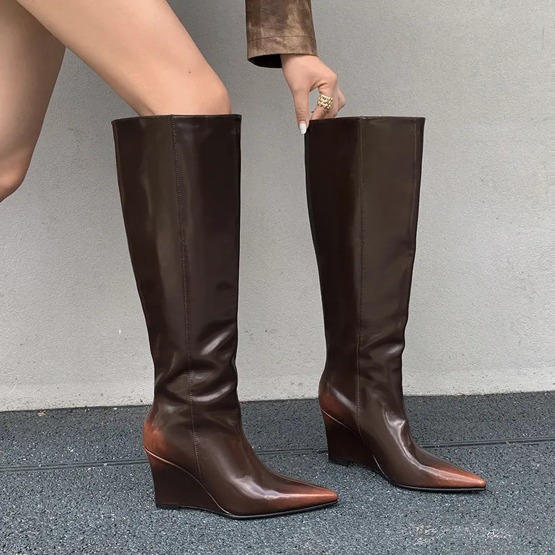 Women's pointed cowhide wedge boots in brown with 6-8cm heel and oversleeve high cylinder design