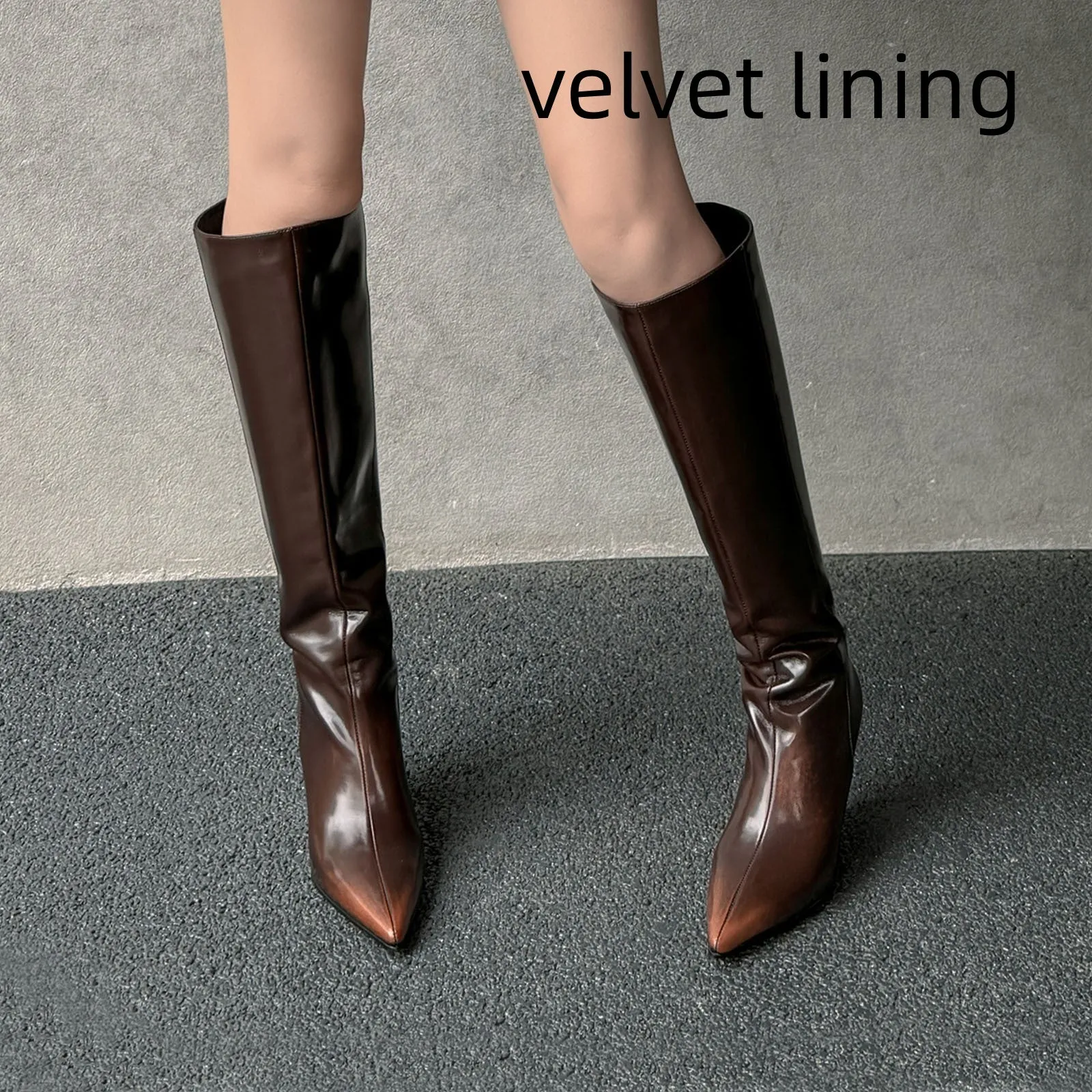Women's pointed cowhide wedge boots in brown with 6-8cm heel and oversleeve high cylinder design