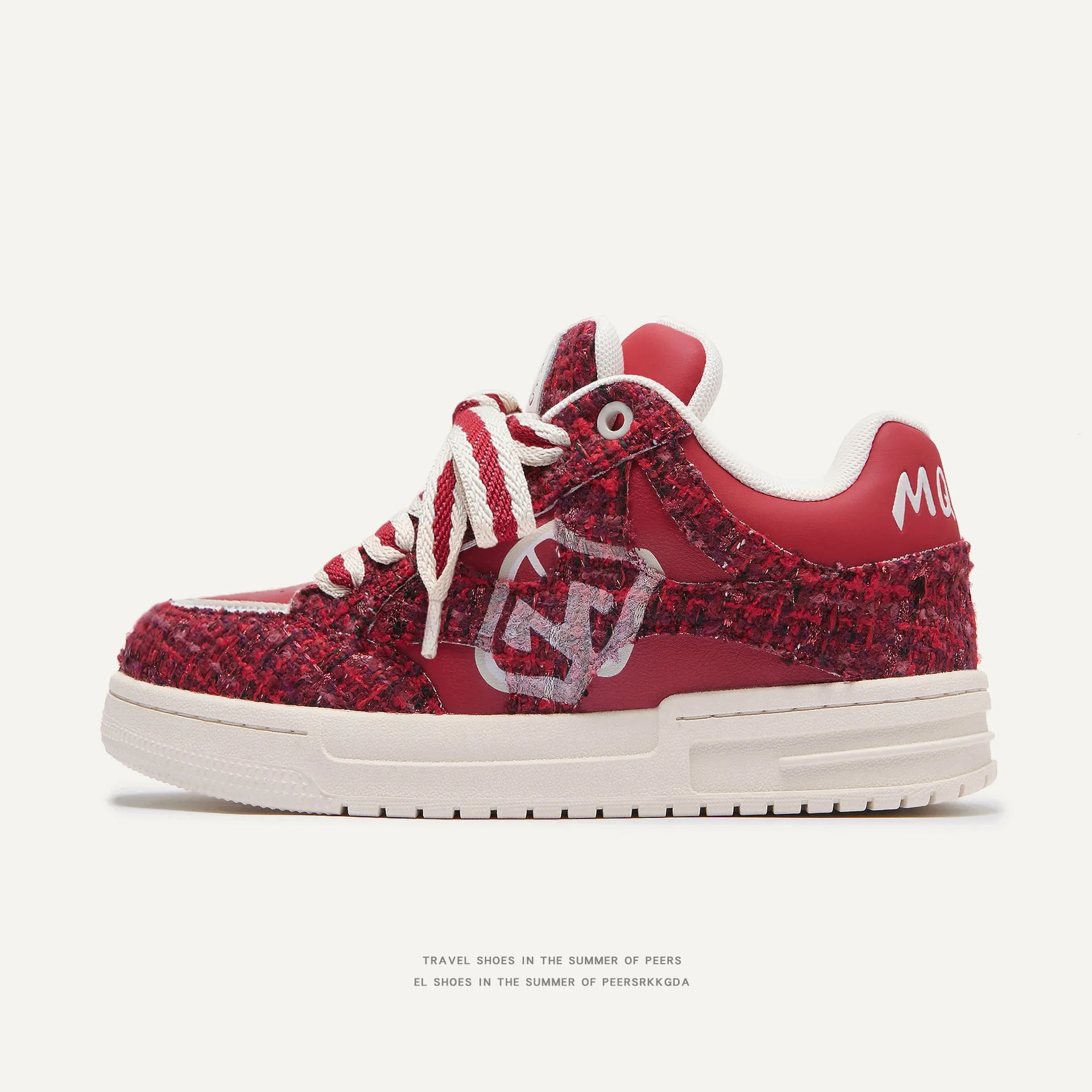 Women's creative all-match printed flat sneakers in M018 classic red with two-layer cowhide upper and platform heel