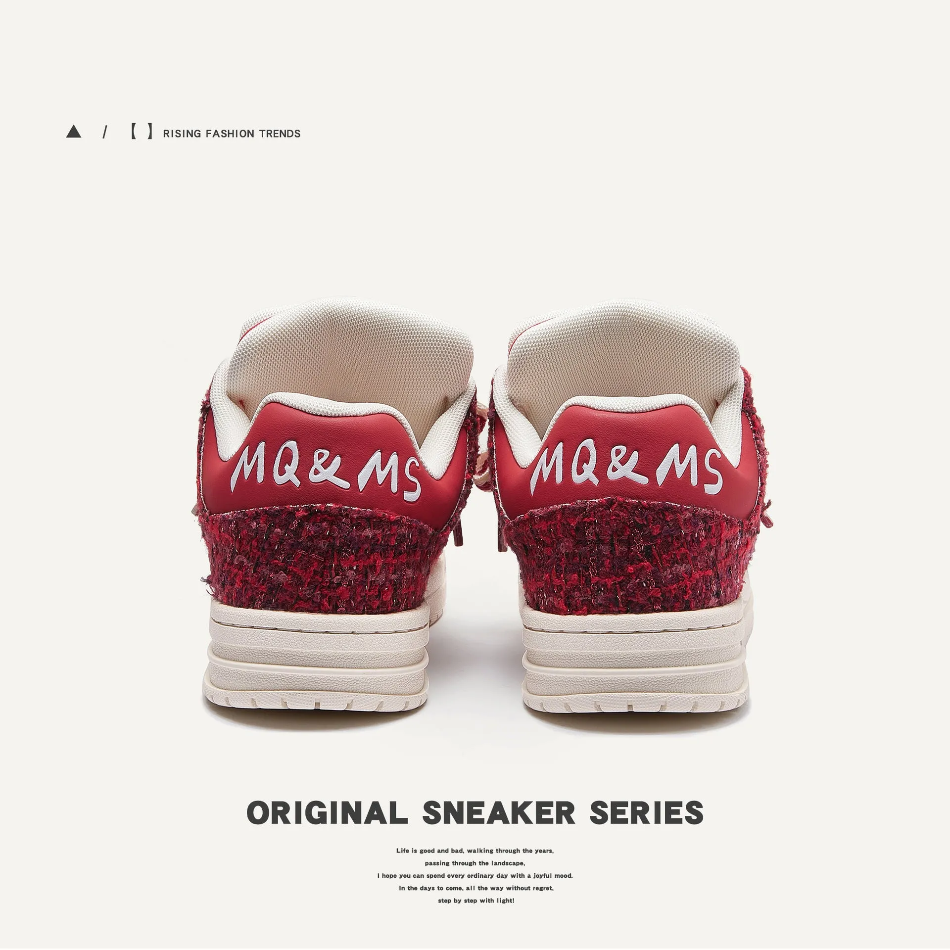 Women's creative all-match printed flat sneakers in M018 classic red with two-layer cowhide upper and platform heel