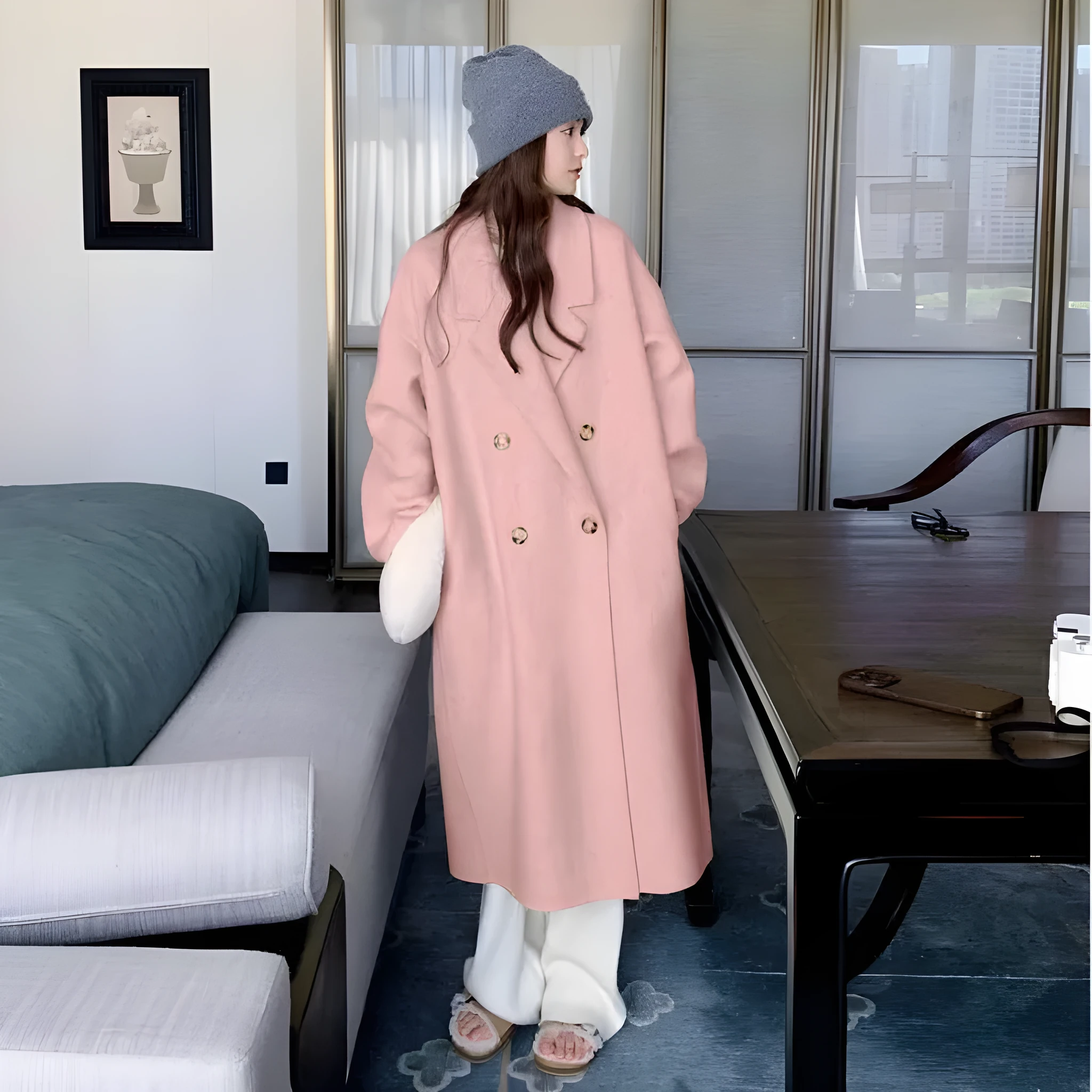 High-grade gray woolen coat for women with long sleeves, polyester fabric, autumn design, size L