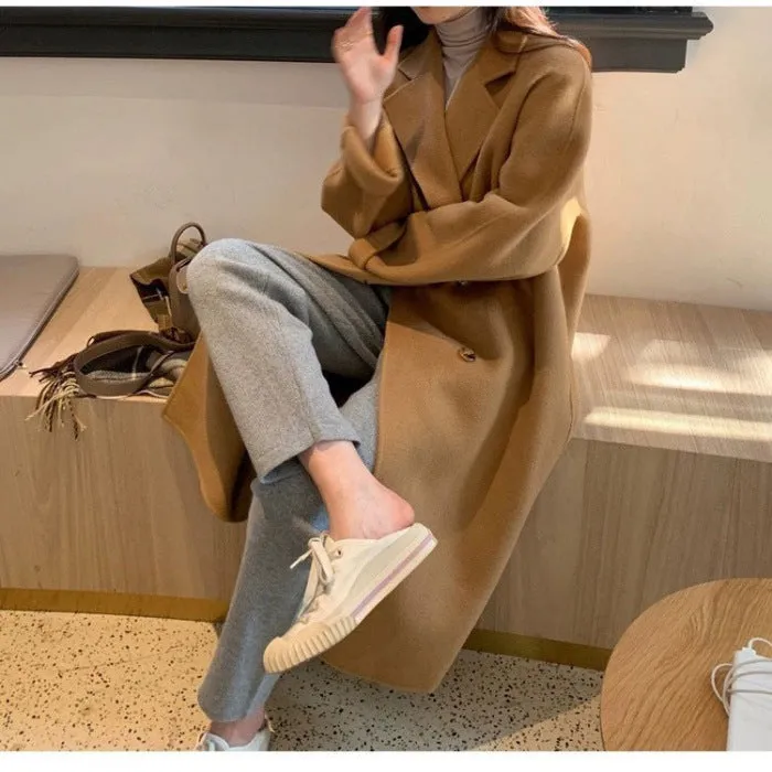 High-grade gray woolen coat for women with long sleeves, polyester fabric, autumn design, size L