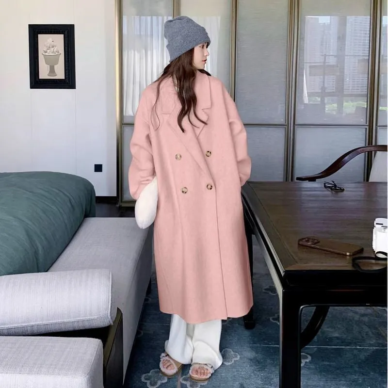 High-grade gray woolen coat for women with long sleeves, polyester fabric, autumn design, size L