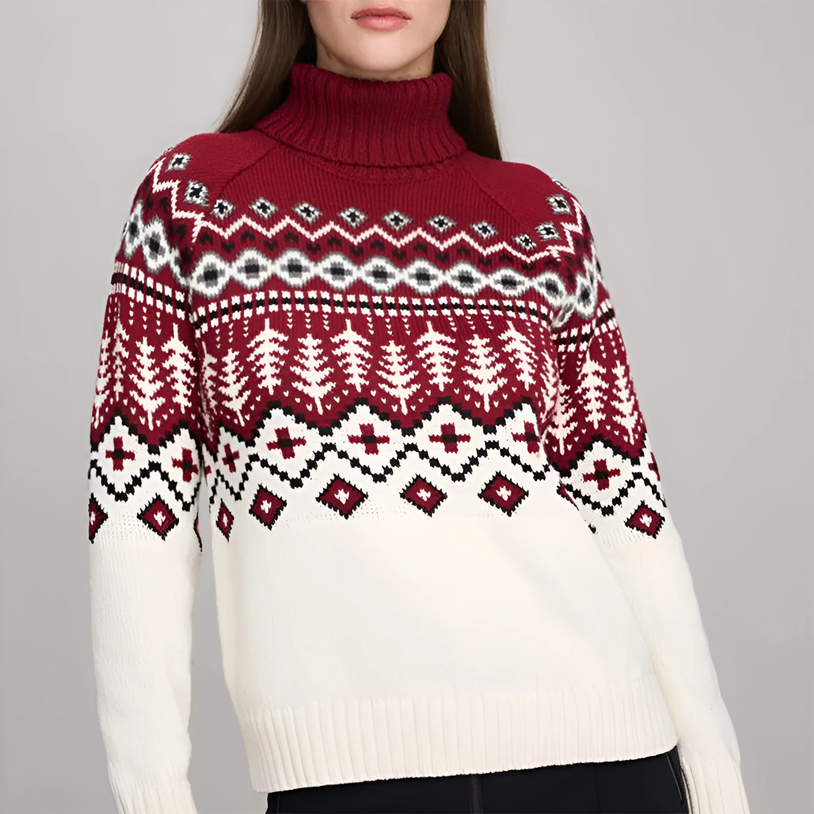Women's jacquard turtleneck pullover sweater in blue with retro pattern, long sleeves, and polyester fabric